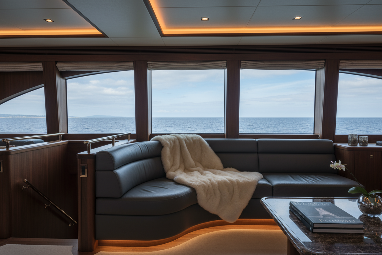 fur blanket on a leather couch